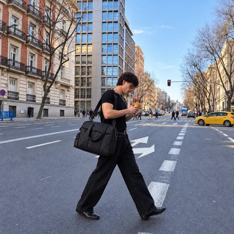 Asher carrying the Black All-Day Tote on a city street