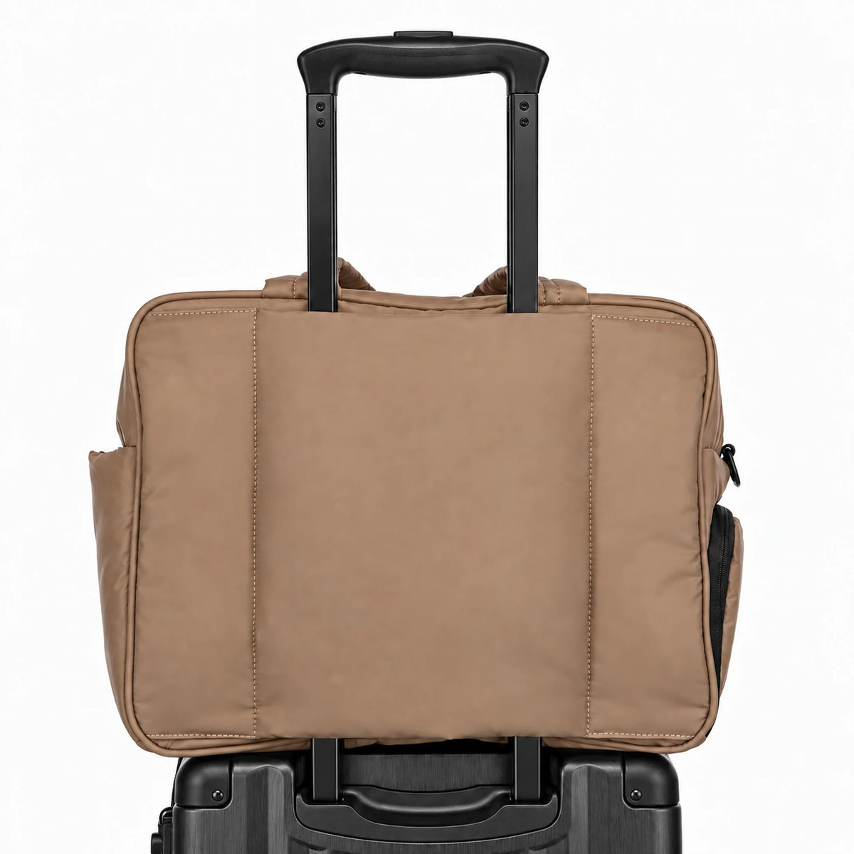 Taupe All-Day Tote - rear sleeve on a suitcase handle