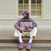 Lilac Everyday Puffer — lifestyle photograph on steps