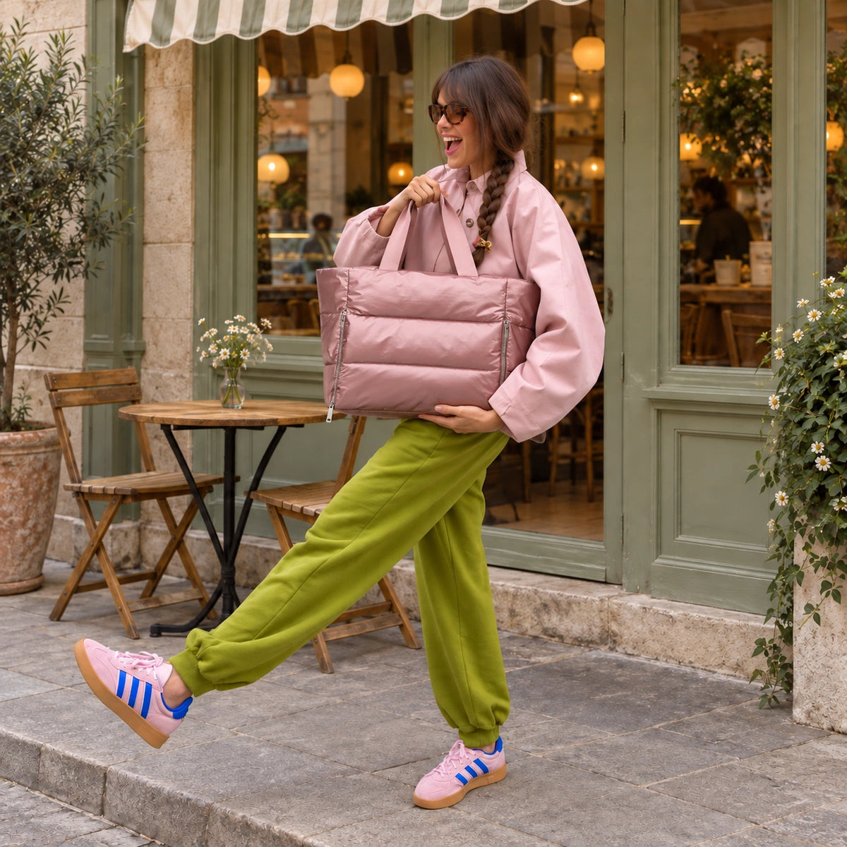 Rose Everyday Puffer — cafe lifestyle photograph