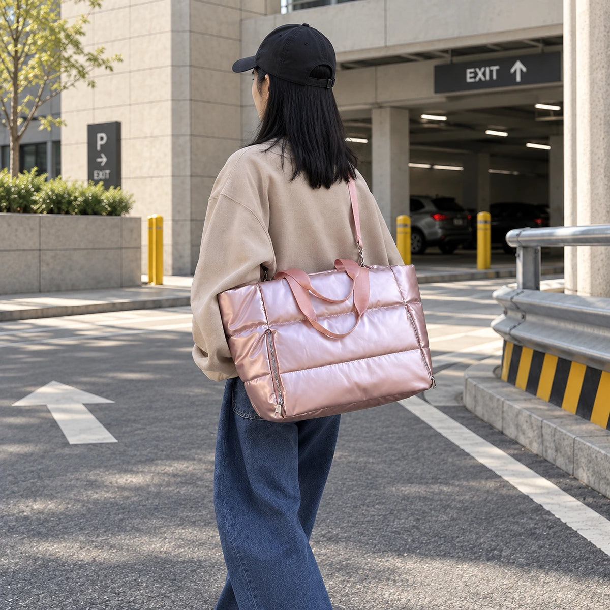 Rose Everyday Puffer — city street lifestyle photograph